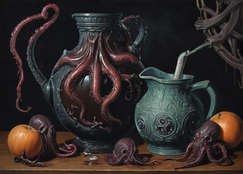 kraken,octopus,octopus tentacles,cephalopod,giant pacific octopus,cephalopods,fun octopus,giant squid,silver octopus,tentacles,calamari,still life with onions,poisonous,calabaza,amphora,pink octopus,halloween coffee,still-life,fruits of the sea,halloween illustration,Illustration,Realistic Fantasy,Realistic Fantasy 47