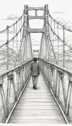 suspension bridge,footbridge,bridge,passerelle,wooden bridge,truss bridge,hanging bridge,hangman's bridge,swing bridge,tied-arch bridge,cantilever bridge,bailey bridge,teak bridge,bridges,moveable bridge,chain bridge,road bridge,scenic bridge,old bridge,love bridge,Illustration,Black and White,Black and White 13