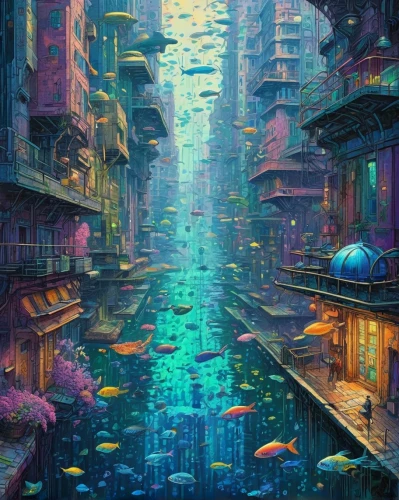 colorful city,shanghai,fantasy city,cityscape,hanoi,underwater landscape,futuristic landscape,underwater oasis,cyberpunk,underwater background,aquarium,canals,taipei,kowloon,hong kong,tokyo city,colorful water,submerged,metropolis,lagoon,Conceptual Art,Daily,Daily 31