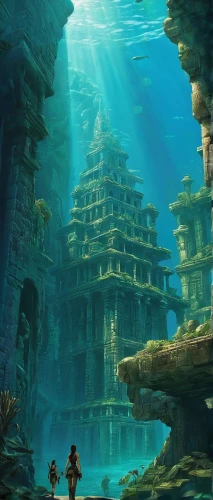 underwater landscape,underwater oasis,underwater background,ancient city,underwater playground,atlantis,water castle,coral reef,lagoon,exploration of the sea,imperial shores,artificial island,ocean underwater,under the sea,under sea,mushroom island,aqua studio,under the water,aquarium,gunkanjima,Illustration,Retro,Retro 02