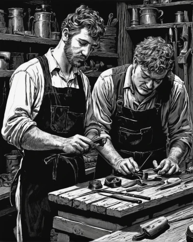 craftsmen,painting technique,david bates,shoemaking,charcoal drawing,workers,shoemaker,metalsmith,tinsmith,woodblock printing,blacksmith,craftsman,woodworker,meticulous painting,woodworking,artists,vintage drawing,metalworking,chalk drawing,glass painting,Illustration,American Style,American Style 03