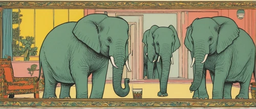 cartoon elephants,elephants,elephant herd,elephant camp,elephantine,circus elephant,elephants and mammoths,elephant's child,pachyderm,elephant,art nouveau,elephant tusks,art nouveau frames,the three graces,blue elephant,pink elephant,anthropomorphized animals,the mirror,mirrors,temples,Illustration,American Style,American Style 15