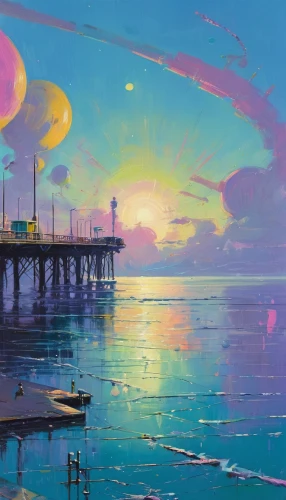 santa monica pier,santa monica,bay,harbor,pier,santa cruz,horizon,coast sunset,ventura,sea landscape,san diego skyline,evening atmosphere,seascape,ocean,coastal landscape,beach landscape,the pier,oceanside,futuristic landscape,galveston,Conceptual Art,Sci-Fi,Sci-Fi 29