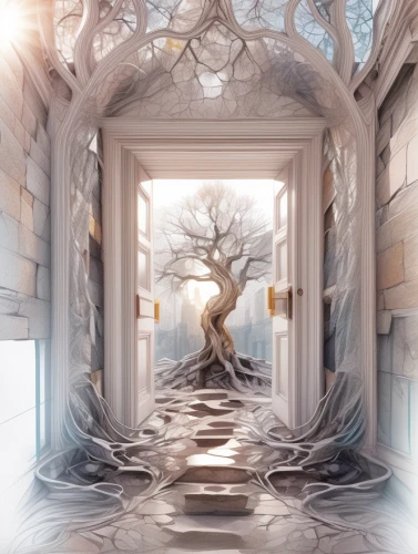 the threshold of the house,white temple,hall of the fallen,tree of life,threshold,dandelion hall,the mystical path,backgrounds,heaven gate,doorway,wondertree,digital compositing,frame flora,fantasy picture,ancient house,gateway,myst,sacred fig,runes,the door