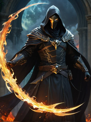 grimm reaper,dodge warlock,hooded man,flickering flame,reaper,assassin,doctor doom,undead warlock,massively multiplayer online role-playing game,fire background,grim reaper,magus,fire master,magistrate,fire artist,iron mask hero,mage,assassins,dance of death,cg artwork,Conceptual Art,Fantasy,Fantasy 05