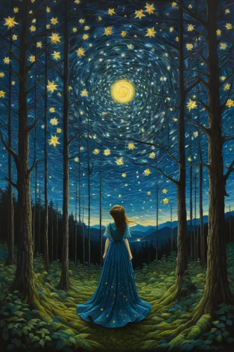 girl with tree,forest of dreams,starry night,blue moon,ballerina in the woods,blue moon rose,fireflies,mystical portrait of a girl,night scene,enchanted forest,moonlit night,enchanted,starry sky,oil painting on canvas,the night of kupala,faerie,fantasy picture,fairy forest,forest landscape,the girl next to the tree,Illustration,Realistic Fantasy,Realistic Fantasy 08