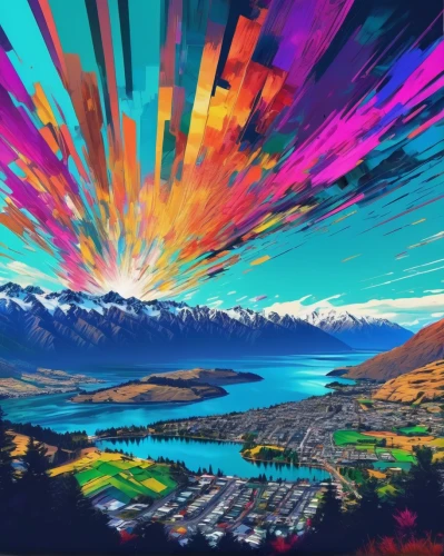 nz,panoramical,psychedelic art,south island,new zealand,tekapo,air new zealand,newzealand nzd,kaleidoscope art,mt cook,colorful city,acid lake,psychedelic,world digital painting,futuristic landscape,trip computer,virtual landscape,computer art,color fields,digiart,Conceptual Art,Daily,Daily 21