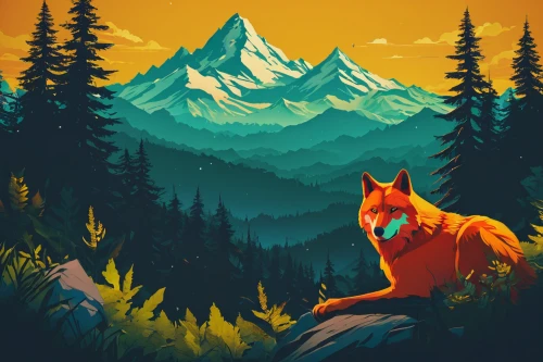 vector illustration,pixel art,wolves,low poly,fox,coyote,low-poly,dog illustration,mountain sunrise,goat mountain,mountain,deer illustration,digital illustration,vector art,mountains,alaska,a fox,two wolves,wilderness,mountain spirit,Illustration,Abstract Fantasy,Abstract Fantasy 08