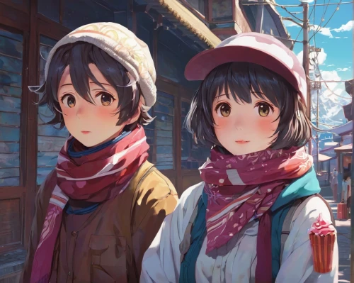 winter clothes,winter clothing,scarf,winter hat,winter background,in the snow,snow scene,winter festival,cold cherry blossoms,girl and boy outdoor,in the winter,winter trip,two girls,winter,early winter,winter cherry,first snow,knit hat,snow figures,anime japanese clothing,Illustration,Realistic Fantasy,Realistic Fantasy 28