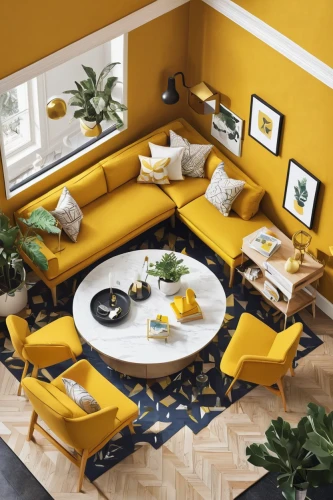 apartment lounge,mid century modern,living room,livingroom,yellow orange,modern decor,modern living room,yellow wall,family room,sofa set,shared apartment,interior design,an apartment,mid century house,contemporary decor,apartment,sitting room,loft,yellow garden,home interior,Unique,3D,Isometric