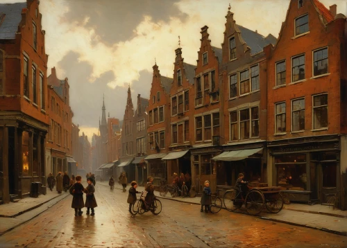 eastgate street chester,bremen,john atkinson grimshaw,asher durand,andreas achenbach,july 1888,delft,the cobbled streets,old street,old linden alley,sebastian pether,street scene,david bates,bruges,flemish,the evening light,gas lamp,york,the victorian era,cordwainer,Conceptual Art,Oil color,Oil Color 11