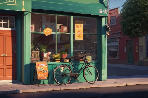 bicycle mechanic,coffee shop,bakery,bicycle,the coffee shop,flower shop,watercolor tea shop,pastry shop,watercolor cafe,tearoom,street cafe,late afternoon,evening light,bicycle ride,ice cream shop,city bike,bicycles,the evening light,cyclist,convenience store,Illustration,Vector,Vector 05