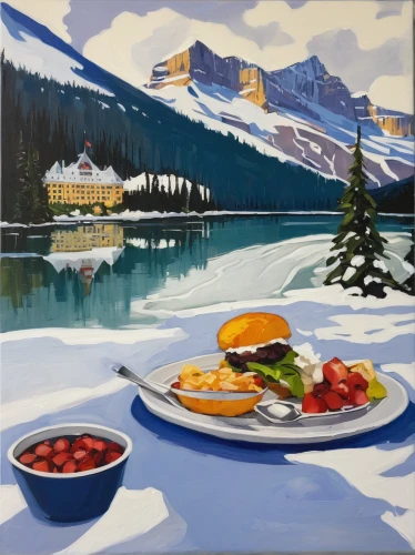 fairmont chateau lake louise,snowy still-life,lake louise,alpine restaurant,whistler,cream tea,still life with jam and pancakes,salt meadow landscape,bistro,winter landscape,cold plate,icefield parkway,snow landscape,christmas landscape,sunshinevillage,breakfast table,art painting,snow scene,oil painting on canvas,yukon territory,Illustration,American Style,American Style 06