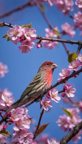 spring bird,redpoll,asian bleeding-heart,house finch,male house finch,red finch,spring in japan,song bird,lesser redpoll,pink robin,purple finch,bird flower,spring greeting,japanese cherry,house finches,american rosefinches,spring blossom,red feeder,spring background,japanese sakura background,Art,Artistic Painting,Artistic Painting 33