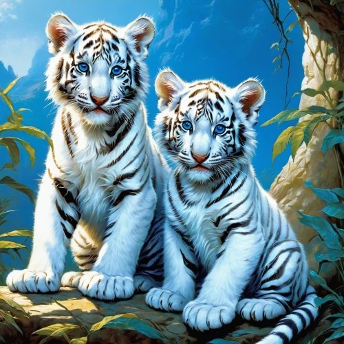 lionesses,tigers,white tiger,blue tiger,white bengal tiger,big cats,exotic animals,lions couple,tropical animals,white lion family,lion children,wild animals,felines,felidae,mammals,male lions,two lion,scandia animals,lions,cute animals,Art,Classical Oil Painting,Classical Oil Painting 42