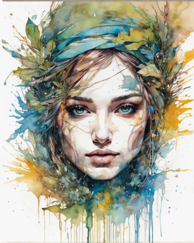 watercolor paint strokes,watercolor women accessory,boho art,watercolor paint,watercolor painting,girl in a wreath,watercolor,watercolor pencils,illustrator,art painting,watercolors,mystical portrait of a girl,water colors,kahila garland-lily,dryad,watercolor background,faery,digital artwork,girl in a long,splintered,Illustration,Paper based,Paper Based 13