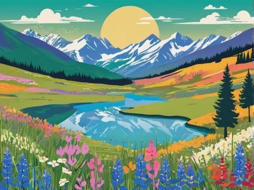 mountain meadow,alaska,salt meadow landscape,alpine meadow,vail,alpine meadows,montana,travel poster,meadow landscape,springtime background,alberta,mountain scene,landscape background,mountain landscape,denali,spring background,meadow in pastel,teton,mountains,telluride,Illustration,Vector,Vector 21