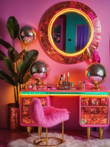 dressing table,beauty room,neon cocktails,makeup mirror,neon candies,neon makeup,the little girl's room,neon valentine hearts,neon colors,garish,beauty salon,valentine's day décor,magic mirror,vibrant color,pink round frames,doll house,decor,cabana,neon,the living room of a photographer,Illustration,Realistic Fantasy,Realistic Fantasy 38