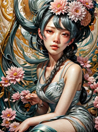 flora,girl in flowers,flower fairy,jasmine blossom,chrysanths,fantasy portrait,geisha,celestial chrysanthemum,oriental princess,japanese art,geisha girl,blossoms,camellia,almond blossoms,amano,falling flowers,oriental girl,flower girl,blossom,chinese art