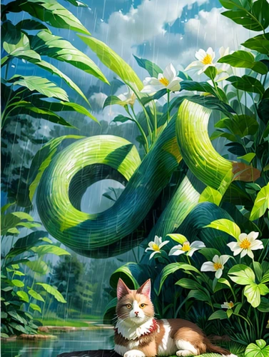 calico cat,water snake,lilly of the valley,spring salamander,calico,woodland salamander,anahata,chinese pastoral cat,spring background,nuphar,lily water,green snake,snake kawaii,ritriver and the cat,green tree snake,world digital painting,emerald lizard,cat tail,anaconda,natura