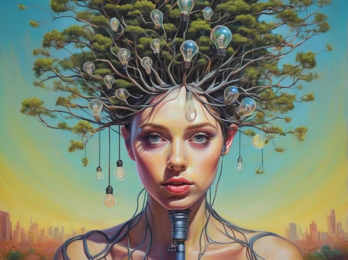 girl with tree,dryad,tree crown,argan tree,mother earth,woman thinking,tree thoughtless,psychedelic art,surrealism,surrealistic,rooted,argan trees,branching,tree of life,head woman,mother nature,pear cognition,shamanic,branched,oil painting on canvas,Conceptual Art,Daily,Daily 15