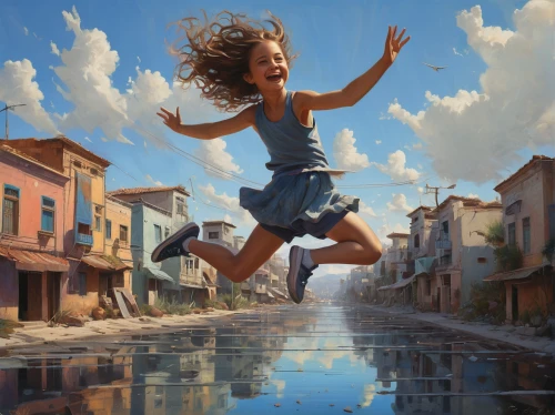 flying girl,leap for joy,little girl in wind,leap,leap of faith,little girl running,jump river,jumping,world digital painting,girl upside down,leaping,jump,weightless,puddle,levitation,walk on water,jumping off,floating,float,imagination,Illustration,Realistic Fantasy,Realistic Fantasy 28