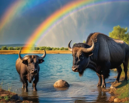 water buffalo,cape buffalo,african buffalo,aurochs,buffaloes,buffalo herd,horned cows,gnu,buffalos,buffalo herder,double rainbow,water hole,oxen,watering hole,buffalo,galloway cattle,unicorn and rainbow,rainbow background,wildebeest,zebu,Illustration,Japanese style,Japanese Style 07