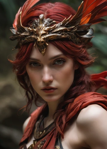 fae,faery,faerie,the enchantress,headpiece,female warrior,fantasy woman,headdress,dryad,feather headdress,sorceress,red skin,red chief,fantasy portrait,fantasy art,tiger lily,fairy queen,violet head elf,athena,thorns,Conceptual Art,Oil color,Oil Color 05