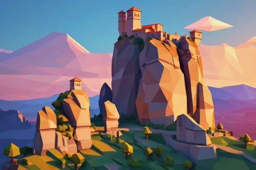 low poly,mountain settlement,low-poly,mountains,stone towers,mountain world,mountainside,summit castle,mountain sunrise,mountain stone edge,sandstone rocks,sandstone wall,high mountains,hoodoos,rocky hills,ancient city,mountainous landscape,mountain landscape,castle ruins,mountain range,Unique,3D,Low Poly