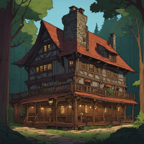 house in the forest,witch's house,tavern,wooden house,wooden houses,treehouse,little house,log home,cottage,half-timbered house,traditional house,old home,house in the mountains,summer cottage,ancient house,witch house,small house,lonely house,house in mountains,log cabin,Illustration,Vector,Vector 02