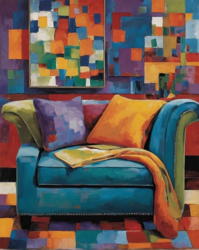 studio couch,armchair,sofa cushions,sofa set,sofa,abstract painting,couch,quilt,settee,slipcover,oil painting on canvas,upholstery,oil on canvas,loveseat,throw pillow,chaise lounge,palette,chaise,patchwork,fabric painting,Conceptual Art,Oil color,Oil Color 25