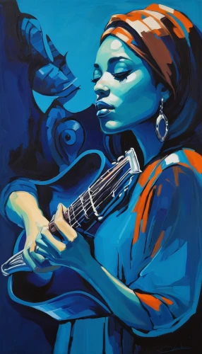 woman playing,blues and jazz singer,woman playing violin,jazz guitarist,cavaquinho,rhythm blues,musician,billie holiday,saraswati veena,african woman,violin woman,guitar player,charango,oil painting on canvas,itinerant musician,oil on canvas,ella fitzgerald,jazz singer,jazz,painted guitar,Conceptual Art,Fantasy,Fantasy 21