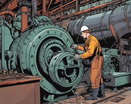 steelworker,gas compressor,machinery,yellow machinery,railroad engineer,circular saw,wage operating,lathe,metal lathe,worker,grinding wheel,engine room,compactor,cogwheel,heavy machinery,cog,cogs,industrial security,boilermaker,generator,Illustration,American Style,American Style 13