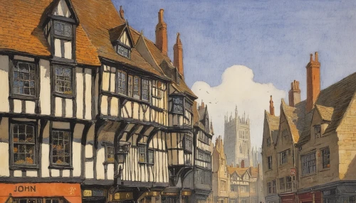 eastgate street chester,york,half-timbered houses,townscape,half-timbered,half timbered,shaftesbury,medieval street,old street,coventry,england,old gouda,edward lear,lavenham,oxford,sussex,muenster,medieval architecture,hereford,talbot,Illustration,Abstract Fantasy,Abstract Fantasy 15