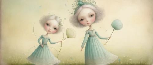 vintage fairies,little girl with balloons,fairies,fairies aloft,doll looking in mirror,mirror in the meadow,porcelain dolls,little girl fairy,twin flowers,butterfly dolls,little girls,child fairy,faery,cloves schwindl inge,little boy and girl,meadow play,mirror image,flying dandelions,marionette,dandelions,Illustration,Abstract Fantasy,Abstract Fantasy 06