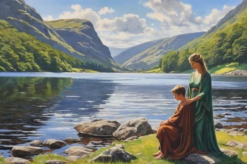 glendalough,lysefjord,church painting,oil painting on canvas,mountain scene,kylemore abbey,landscape background,celtic queen,fjords,oil painting,sognefjord,fjord,the spirit of the mountains,woman at the well,girl on the river,ireland,donegal,wicklow,idyll,green landscape,Art,Classical Oil Painting,Classical Oil Painting 02