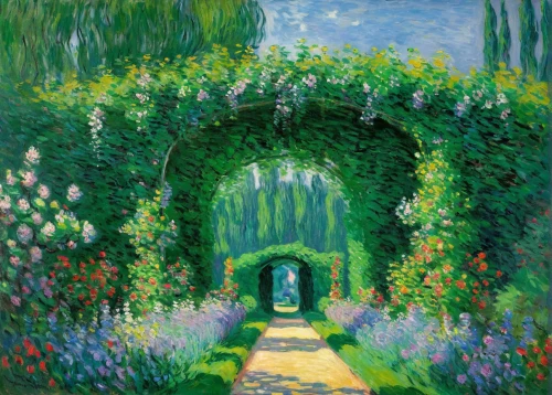 tunnel of plants,claude monet,to the garden,garden door,towards the garden,giverny,archway,pathway,secret garden of venus,flower garden,gardens,lilac arbor,post impressionist,rose arch,the garden,gateway,cottage garden,green garden,floral border,heaven gate,Art,Artistic Painting,Artistic Painting 04