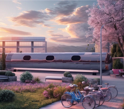 sky train,flower car,tgv 1 and 2 trailer,maglev,house trailer,digital compositing,monorail,futuristic landscape,skytrain,idyllic,amtrak,high-speed rail,electric train,long-distance train,train car,rail car,travel trailer poster,japanese sakura background,train of thought,car train