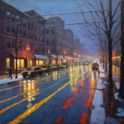 street lights,night scene,oil painting,street scene,blue hour,oil painting on canvas,broadway at beach,pedestrian,oil on canvas,pedestrian lights,harlem,bethlehem road,snowstorm,city highway,walking in the rain,winter storm,light rain,lamplighter,winter light,city scape,Illustration,Japanese style,Japanese Style 13