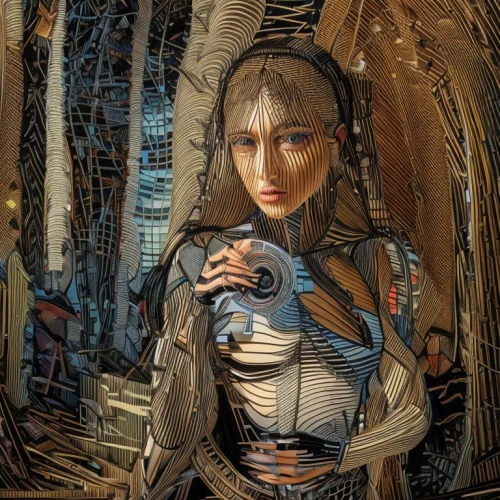 harnessed,wood elf,biomechanical,sci fiction illustration,world digital painting,bodypainting,bodypaint,cyborg,photomanipulation,cybernetics,ai,wooden mannequin,wooden figure,digital compositing,fantasy portrait,woman of straw,body painting,image manipulation,computer art,droid,Common,Common,Natural