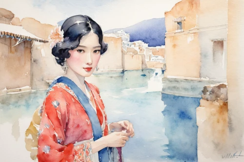 japanese woman,watercolor women accessory,oriental girl,chinese art,oriental painting,geisha girl,watercolor,watercolor painting,japanese art,geisha,oriental princess,oriental,watercolors,watercolor background,watercolor blue,rou jia mo,asian woman,watercolour,watercolor shops,water color,Illustration,Paper based,Paper Based 23