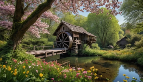 water mill,fairy house,summer cottage,water wheel,house in the forest,home landscape,fairy village,pond flower,wooden house,fisherman's house,wishing well,old mill,dutch mill,spring nature,cottage garden,miniature house,garden pond,country cottage,house with lake,hobbiton,Photography,General,Natural
