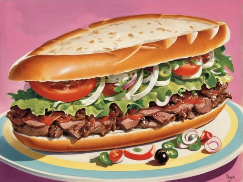 submarine sandwich,cemita,bocadillo,sandwiches,original chicken sandwich,a sandwich,sandwich,doner,italian beef,classic burger,tender beef,hamburger plate,beef steak toast,pan-bagnat,beef roulades,melt sandwich,doner kebab,panini,beef rydberg,turkish specialty,Illustration,Retro,Retro 12