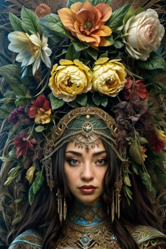 girl in a wreath,asian costume,wreath of flowers,inner mongolian beauty,fantasy portrait,jaya,iranian nowruz,headdress,golden wreath,novruz,cleopatra,the enchantress,warrior woman,mulan,asian woman,indian bride,headpiece,artemisia,frida,flora