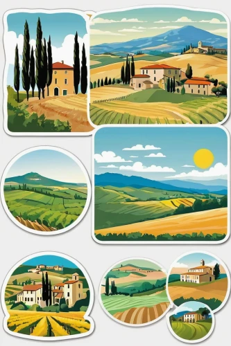 tuscan,houses clipart,panoramic landscape,piemonte,tuscany,volterra,wine region,vineyards,view panorama landscape,campagna,olive grove,montepulciano,monferrato,villages,vegetables landscape,agricultural,home landscape,fruit fields,apulia,viticulture,Unique,Design,Sticker