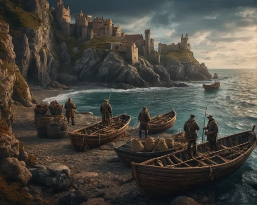 kings landing,viking ships,fantasy picture,vikings,viking ship,fantasy art,fantasy landscape,dunun,imperial shores,heroic fantasy,game of thrones,castle of the corvin,caravel,knight's castle,templar castle,thrones,world digital painting,boat landscape,games of light,witcher,Photography,General,Fantasy
