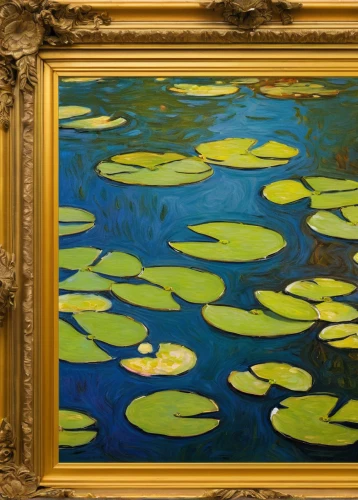 water lilies,aquatic plants,lilly pond,aquatic plant,majorelle blue,lily pond,lily pads,waterlily,art nouveau frame,lily pad,white water lilies,vincent van gough,l pond,nymphaea,claude monet,narcissus,gold frame,lillies,orsay,fine art,Illustration,Realistic Fantasy,Realistic Fantasy 36