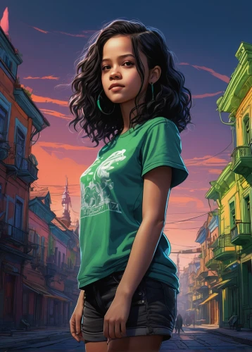 girl in t-shirt,rosa ' amber cover,world digital painting,little girl in wind,sci fiction illustration,city ​​portrait,girl in a historic way,mystical portrait of a girl,girl portrait,young girl,digital painting,moana,kids illustration,cg artwork,fantasy portrait,the girl at the station,cuba background,portrait background,child portrait,child girl,Conceptual Art,Fantasy,Fantasy 17