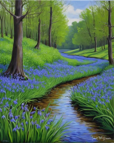 bluebells,bluebell,beautiful bluebells,brook landscape,purple landscape,blue violet,river landscape,blue grape hyacinth,blue painting,forest landscape,dutch landscape,nature landscape,sailing blue purple,landscape nature,tommie crocus,holland,art painting,oil painting on canvas,landscape background,natural landscape,Art,Artistic Painting,Artistic Painting 03