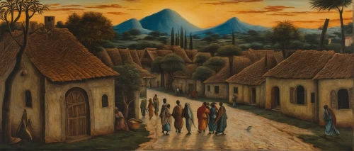 grant wood,village scene,pilgrims,el salvador dali,villagers,procession,mountain village,the pied piper of hamelin,khokhloma painting,ancient parade,church painting,rural landscape,nativity village,escher village,incas,antigua guatemala,night scene,contemporary witnesses,david bates,caravan,Art,Classical Oil Painting,Classical Oil Painting 43